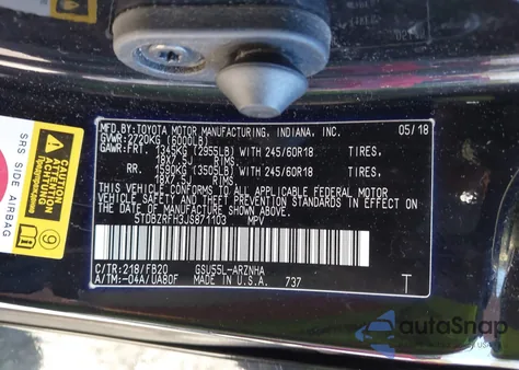 2018 Toyota Highlander Le/Le Plus z USA, uszkodzony, nr VIN 5TDBZRFH3JS871103